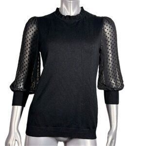 Adrianna Papell | Blouse Black Top with Sheer Polka Dot Sleeves